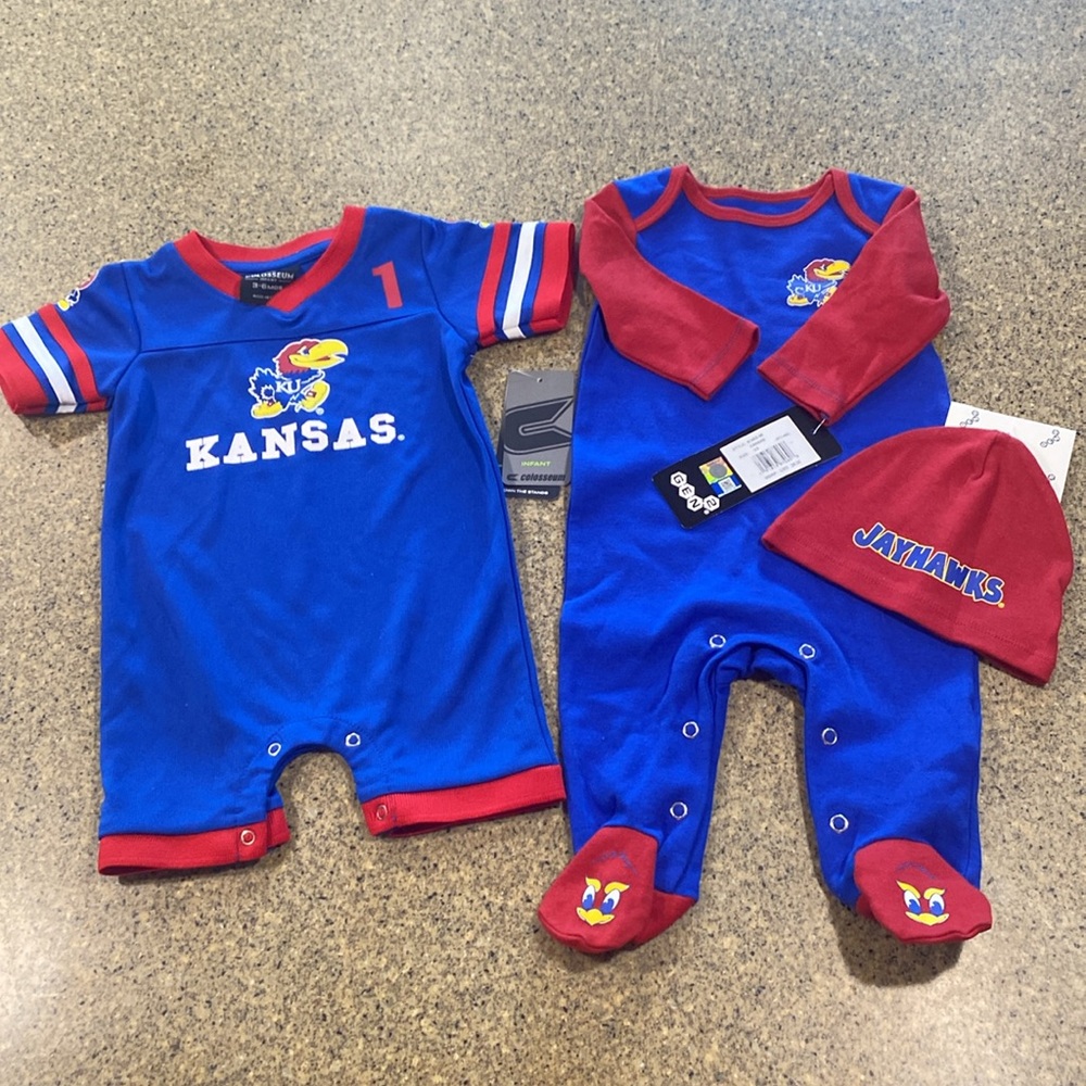 KU infant onesies. One is 0/3 months and the other one is 3 to 6 months